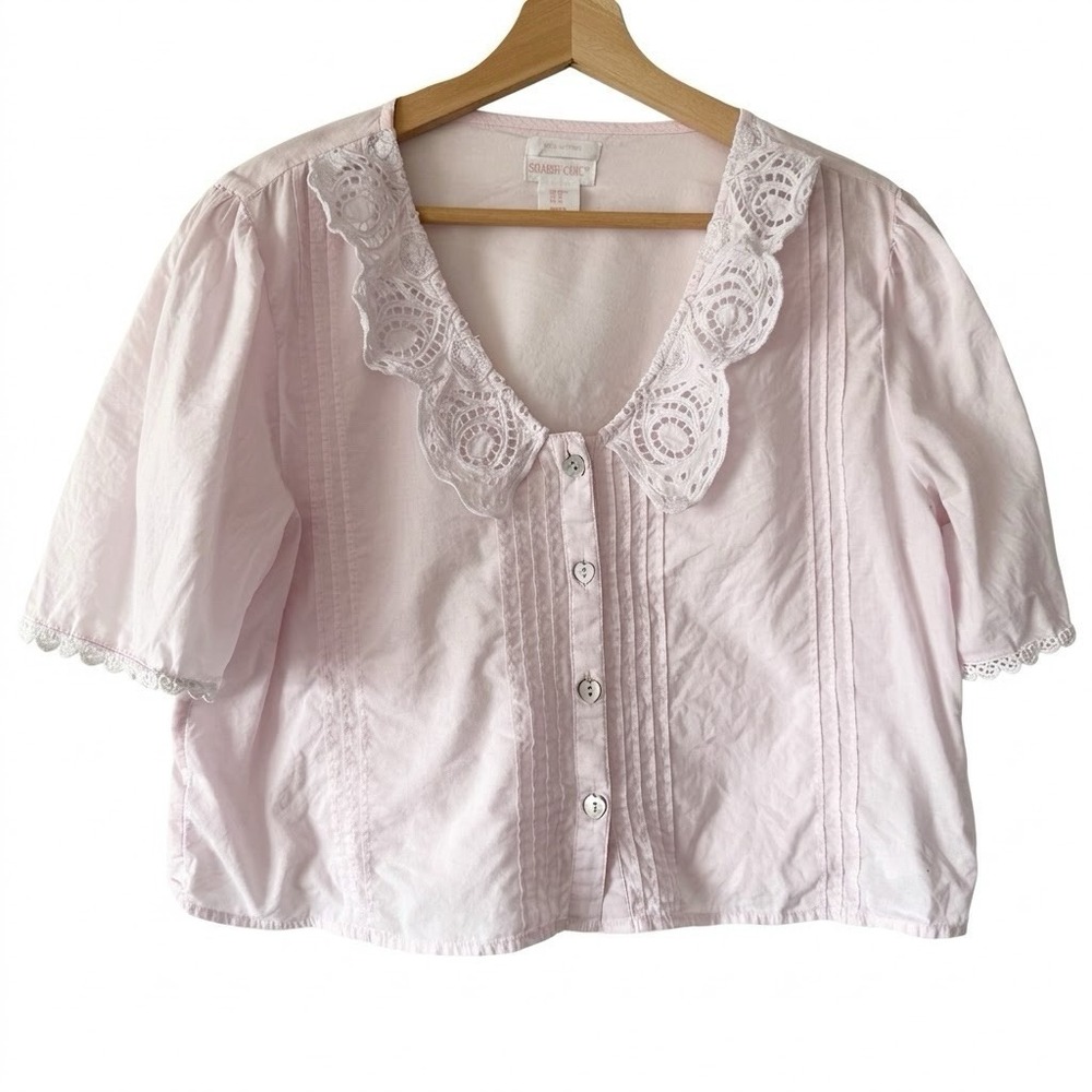 Shabby Chic Cottagecore Peasant Top Pale Pink Women's M Semi Crop Romantic Boho